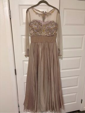 Embellished Long Sleeve Evening Dress in Taupe